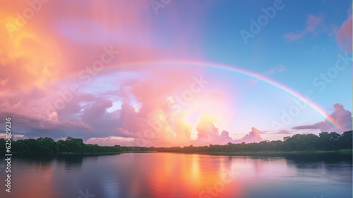 Detailed image of a beautiful rainbow moment in the sky, taken after rain, using a professional mirrorless camera with a wide angle lens and cinematic lighting