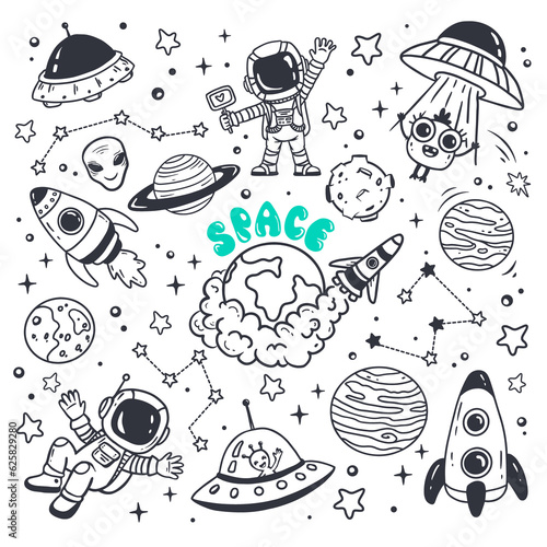 set of cosmos in doodle style: astronaut, planets, stars, rocket and alien, monster, ufo for design. Science space exploration.