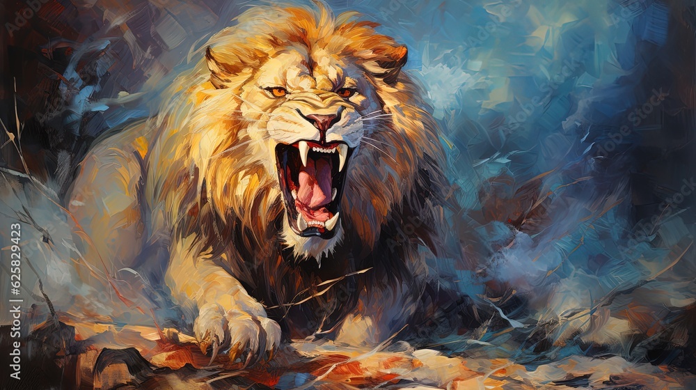 painting style illustration, big lion roar with color splash, Generative Ai