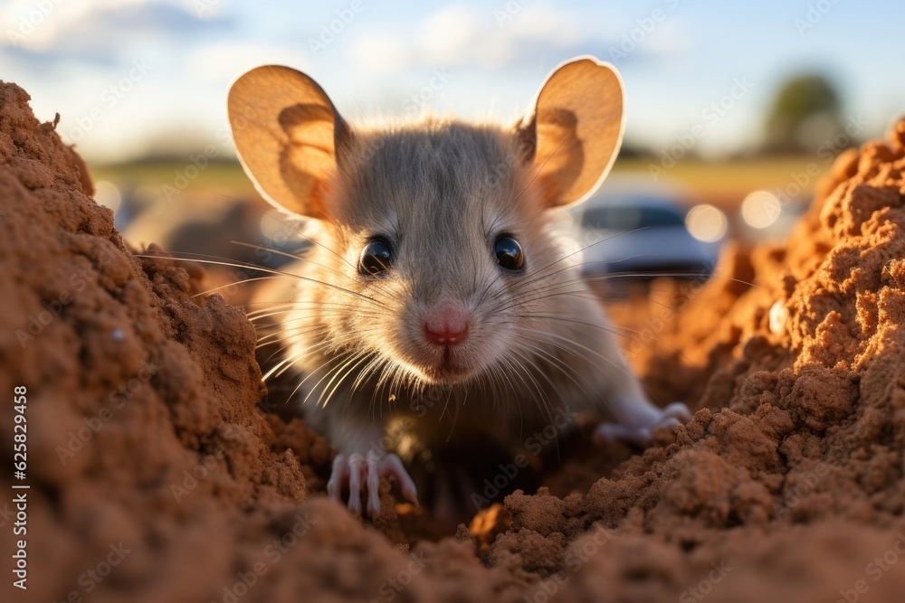 A tiny rodent rests within a dirt hole. (Generative AI) A tiny rodent rests within a dirt hole. (Generative AI)