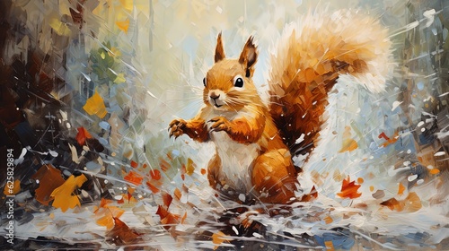 painting style illustration cute squirrel in Autumn wood, Generative Ai