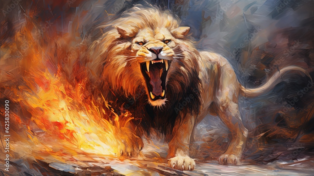 Naklejka premium painting style illustration, big lion roar with color splash, Generative Ai
