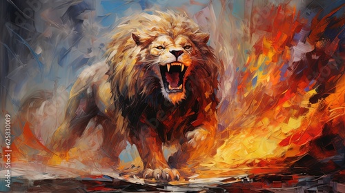 painting style illustration, big lion roar with color splash, Generative Ai photo