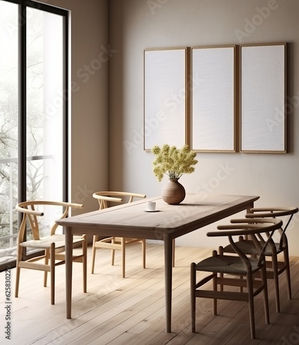 Mockup frame within a cozy dining room interior, 3D render. Made with Generative AI technology