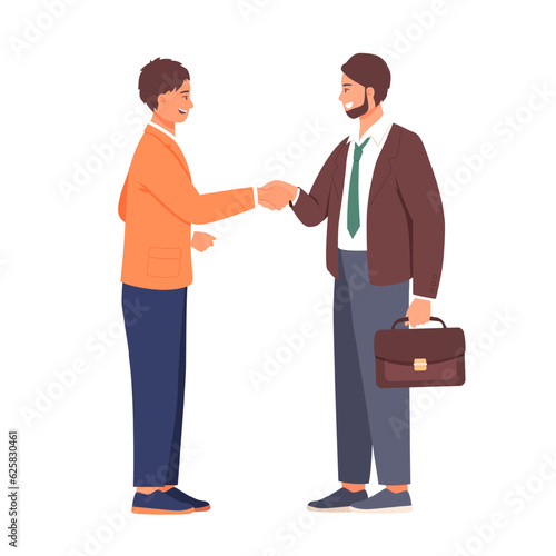 Colleagues shaking hands. Conclusion of agreement. Productive work. Team achievements. Vector characters are happy to make deal. Successful completion of group task. Flat vector illustration