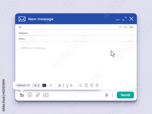 Empty email window. Mail app interface template, sending email mockup and New message UI