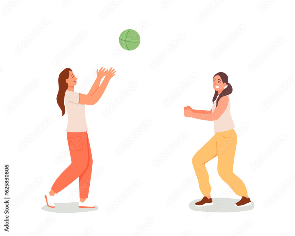 Young ladies playing volleyball together outside. Summer leisure in park. Calm and active recreation of young people. Company rests in nature. Flat vector illustration in cartoon style