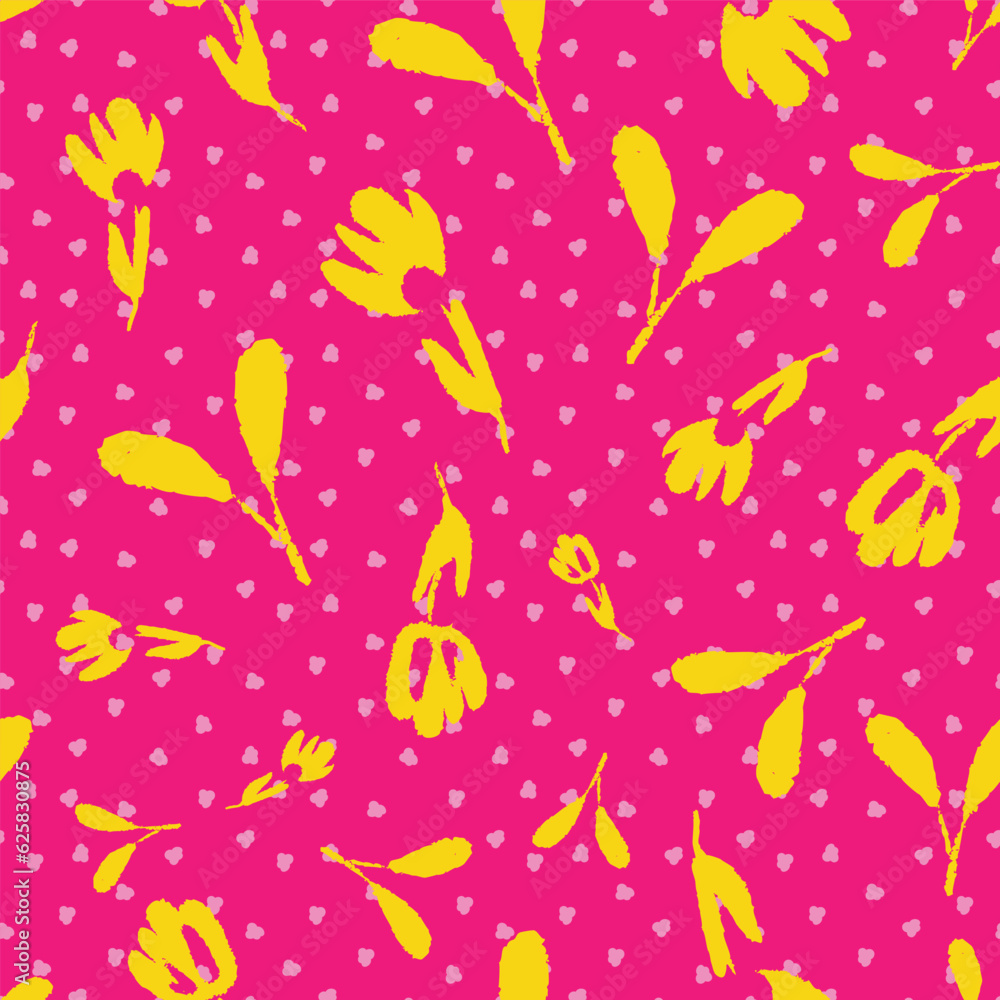 Obraz premium Hand drawn yellow flowers on pink background pattern design