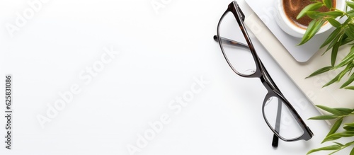 Photo of a pair of glasses next to a cup of coffee on a desk, with empty space for text with copy space photo