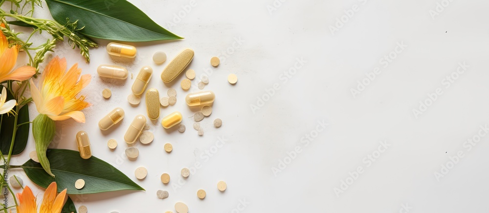 Photo of a colorful arrangement of pills and flowers on a table with copy space