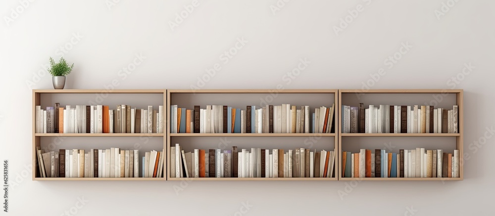 Photo of a bookshelf filled with books against a clean white wall with copy space