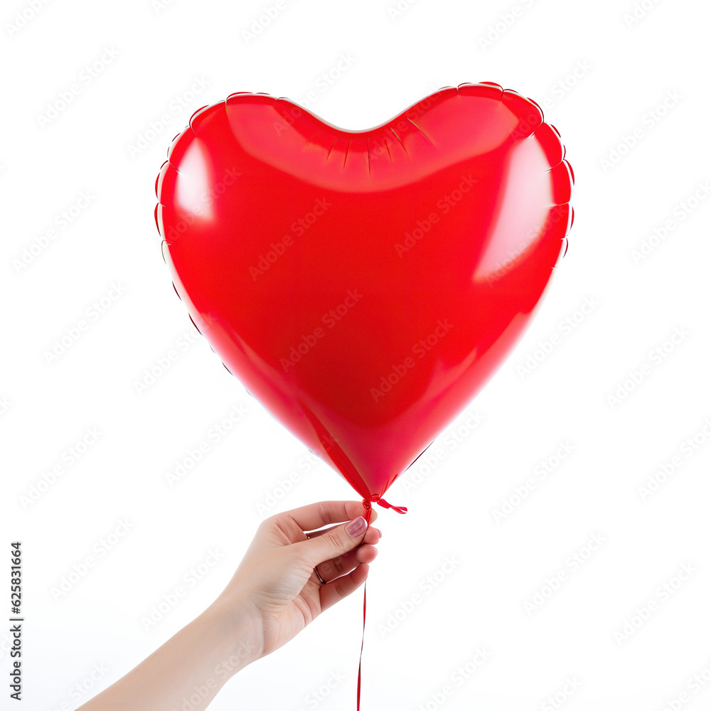 Red heart balloon in hand isolated on white background