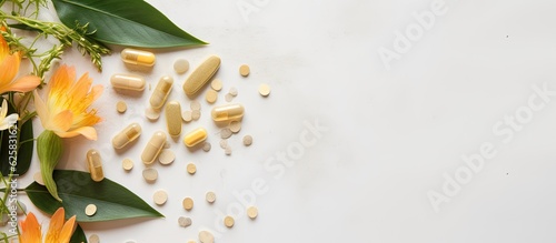 Obraz na płótnie Photo of a colorful arrangement of pills and flowers on a table with copy space w salonie