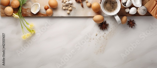 Photo of eggs and spices on a wooden cutting board with plenty of space for your culinary creations with copy space
