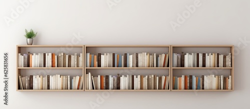 Photo of a bookshelf filled with books against a clean white wall with copy space photo