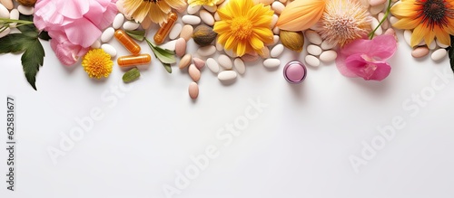 Photo of a colorful assortment of flowers and pills on a plain white background with copy space