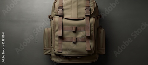 Photo of a backpack hanging on a wall with plenty of space for your imagination with copy space
