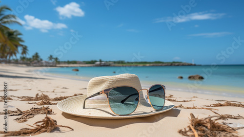 Straw hat and sunglasses on the beach. Travel concept. Generative Ai