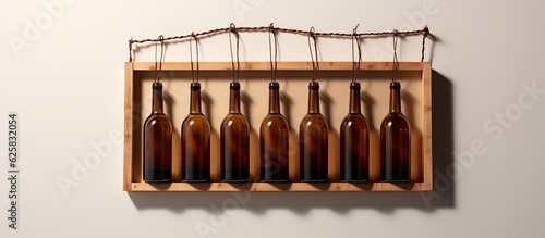 Photo of brown bottles arranged on a rustic wooden shelf with empty space for text or design with copy space photo