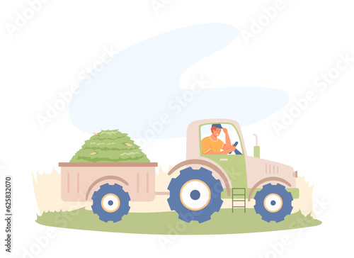 Young smiling male riding tractor and transports cargo in trailer. Care for environment. Environmentally conscious living. Flat vector illustration in green colors