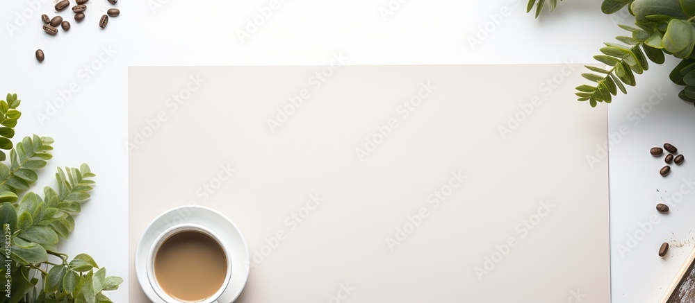 Photo of a cup of coffee next to a blank paper, with plenty of copy space to write or draw on with copy space Photo of a cup of coffee next to a blank paper, with plenty of copy space to write or draw on with copy space