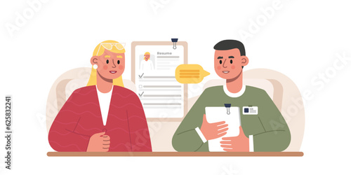 HR sitting near job seeker and talking skills. Job interview. Dialogue with recruiter. Process of passing questionnaires, discuss work duties. Work of human resources department. Flat vector