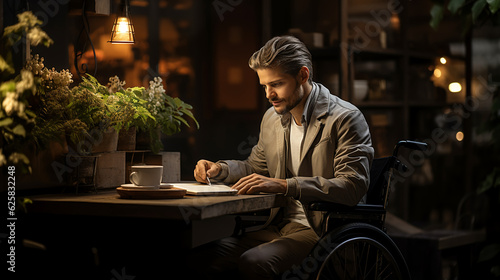 Young man in a wheelchair communicates via laptop. Generative AI