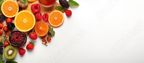 Photo of colorful fruits arranged on a clean white surface, perfect for copy space with copy space