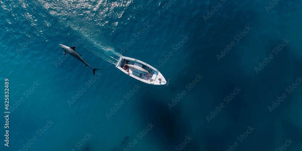 drone shot of a small boat directly from above facing a huge shark. Ocean drone shot of a small boat directly from above facing a huge shark. Ocean