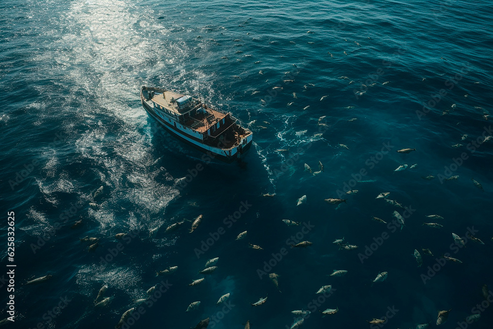 drone shot of a small boat directly from above facing a huge shark. Ocean