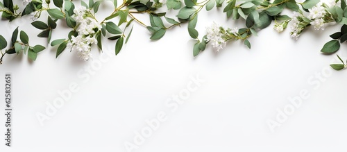 Photo of white flowers and green leaves on a white background with copy space with copy space