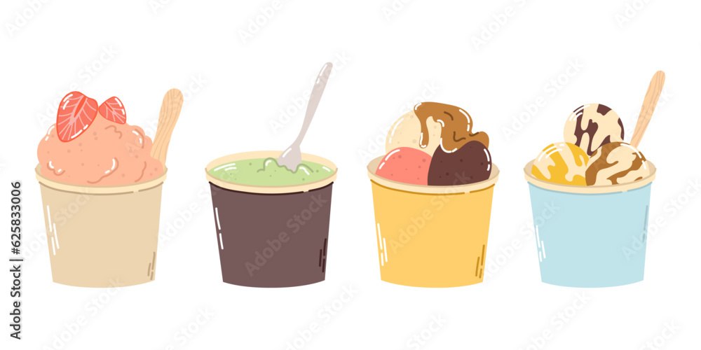 Set different colorful ice cream in paper round box with wood stick in flat vector style isolated on white background - obrazy, fototapety, plakaty 