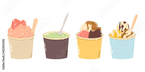 Set different colorful ice cream in paper round box with wood stick in flat vector style isolated on white background