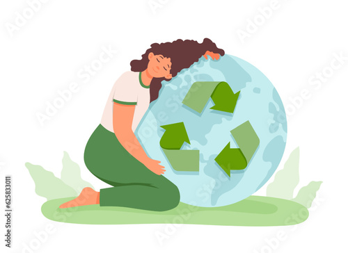 Female sitting and hugging big green planet. Concept of rational use of natural energy for domestic needs. Care for environment concept. Environmentally conscious living. Flat vector illustration