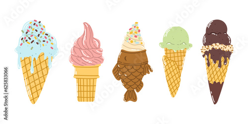 Set different colorful ice cream in waffle cone with sprinkling in flat vector style isolated on white background