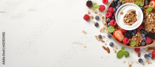 Photo of a delicious and healthy breakfast bowl filled with granola, fresh fruits, and creamy yogurt with copy space