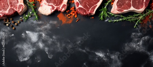Photo of raw meat with spices and herbs on a black background with copy space