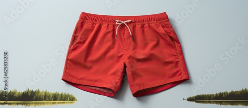 Photo of a pair of vibrant red shorts hanging on a wall with copy space photo