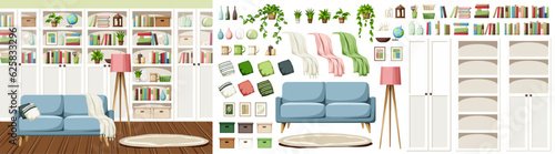 Living room interior with white bookcases and a blue sofa. Scandinavian interior design. Furniture set. Interior constructor. Cartoon vector illustration