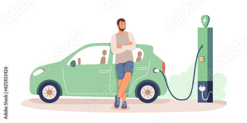 Young male recharging electric car at charging station. Care for environment. Gasoline alternative concept. Green energy source in everyday life. Vector illustration