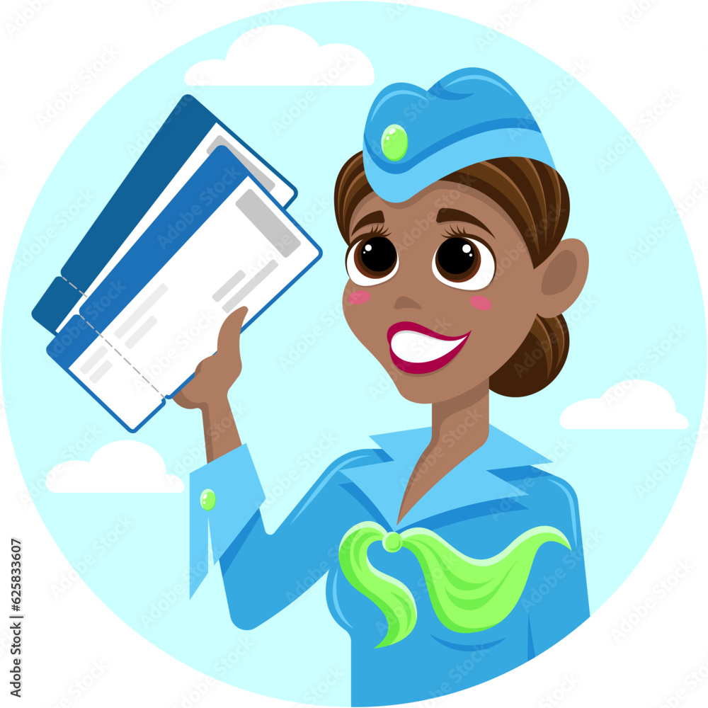 Smiling swarthy stewardess in blue uniform with tickets in hand for avatar or icon Smiling swarthy stewardess in blue uniform with tickets in hand for avatar or icon