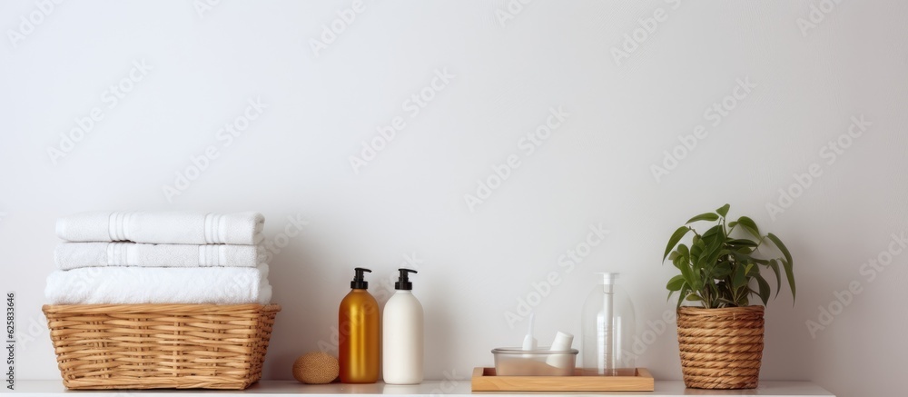 Photo of a neatly organized shelf with various bath products including soap, lotion bottles, and a basket with copy space Photo of a neatly organized shelf with various bath products including soap, lotion bottles, and a basket with copy space