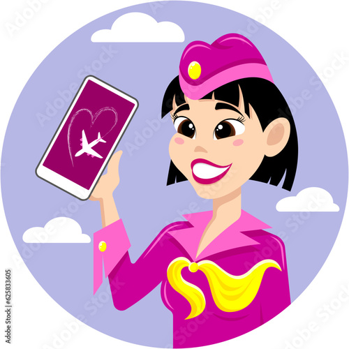 Smiling asian stewardess in burgundy uniform holding smartphone with mobile app in hand. Image for an avatar or icon