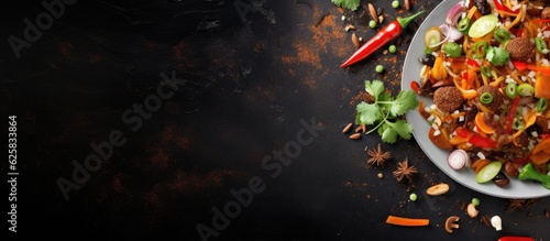 Photo of a delicious plate of food on a sleek black table, ready to be enjoyed with copy space