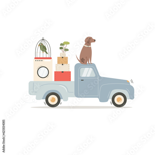 Vector illustration of a truck carrying the belongings to a new home. Relocation, moving, delivery service concept