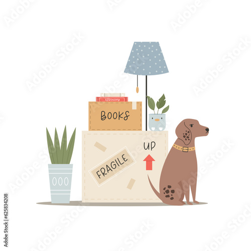 Vector illustration with cardboard, home belongings and dog waiting for moving to a new home, apartment.
