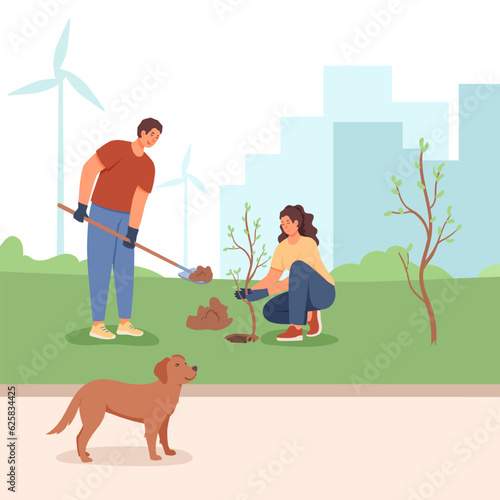 Young male and female planting tree outside. Concept of rational use of natural energy for domestic needs. Eco-technology for electricity generation. Flat vector