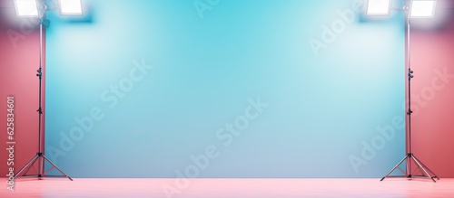 Photo of a vibrant pink and blue room illuminated by three lights with copy space