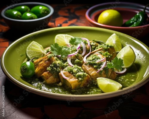 Chile Verde prepared with tomatillos and serano peppers, plated with a colorful garnish and drizzled with extra virgin olive oil photo