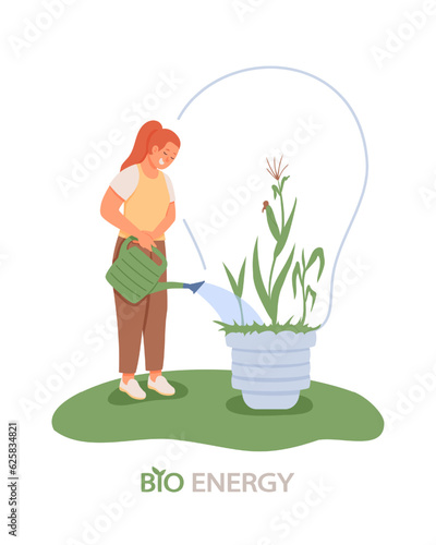 Lady watering green plant with water. Concept of rational use of natural energy for domestic needs. Green energy source in everyday life. Care for environment. Flat vector illustration